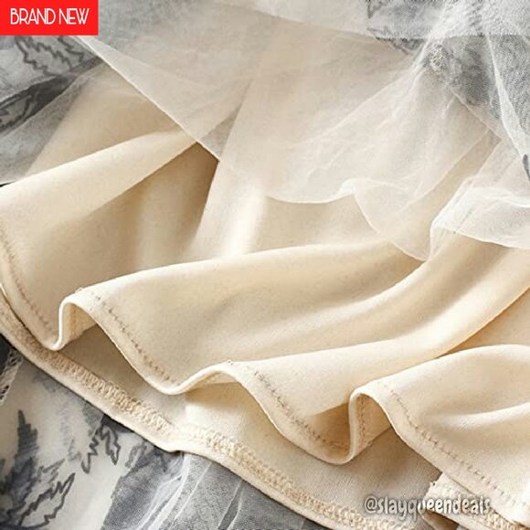 A-Line Midi Skirt Elastic Waist Tulle Layered Ruffle Fairy Pattern - Picture 5 of 6